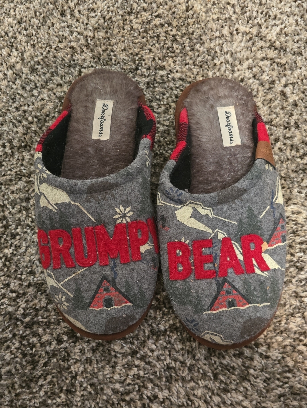 dearfoams Gray Slippers with Red 'GRUMPY BEAR' Applique